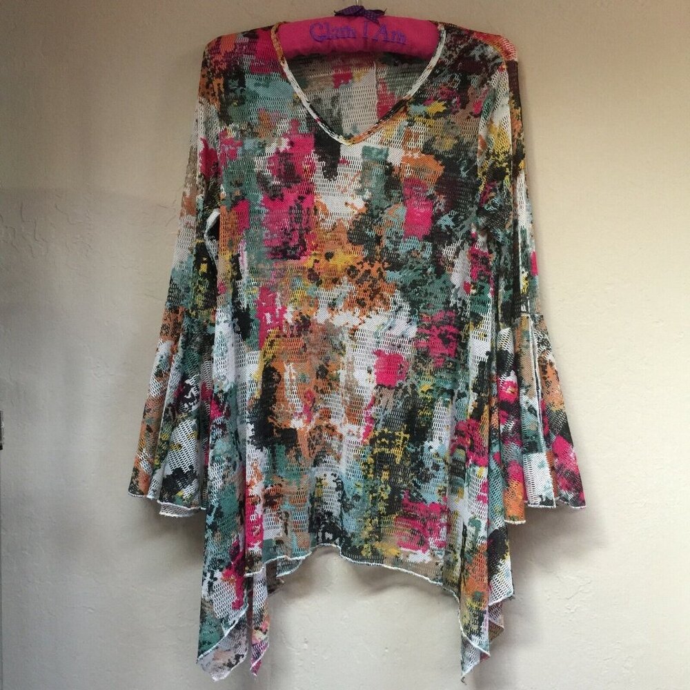Dor Dor Couture Top Womens Multicolor Boho Mesh Cover Up Shirt Large Bell Sleeve